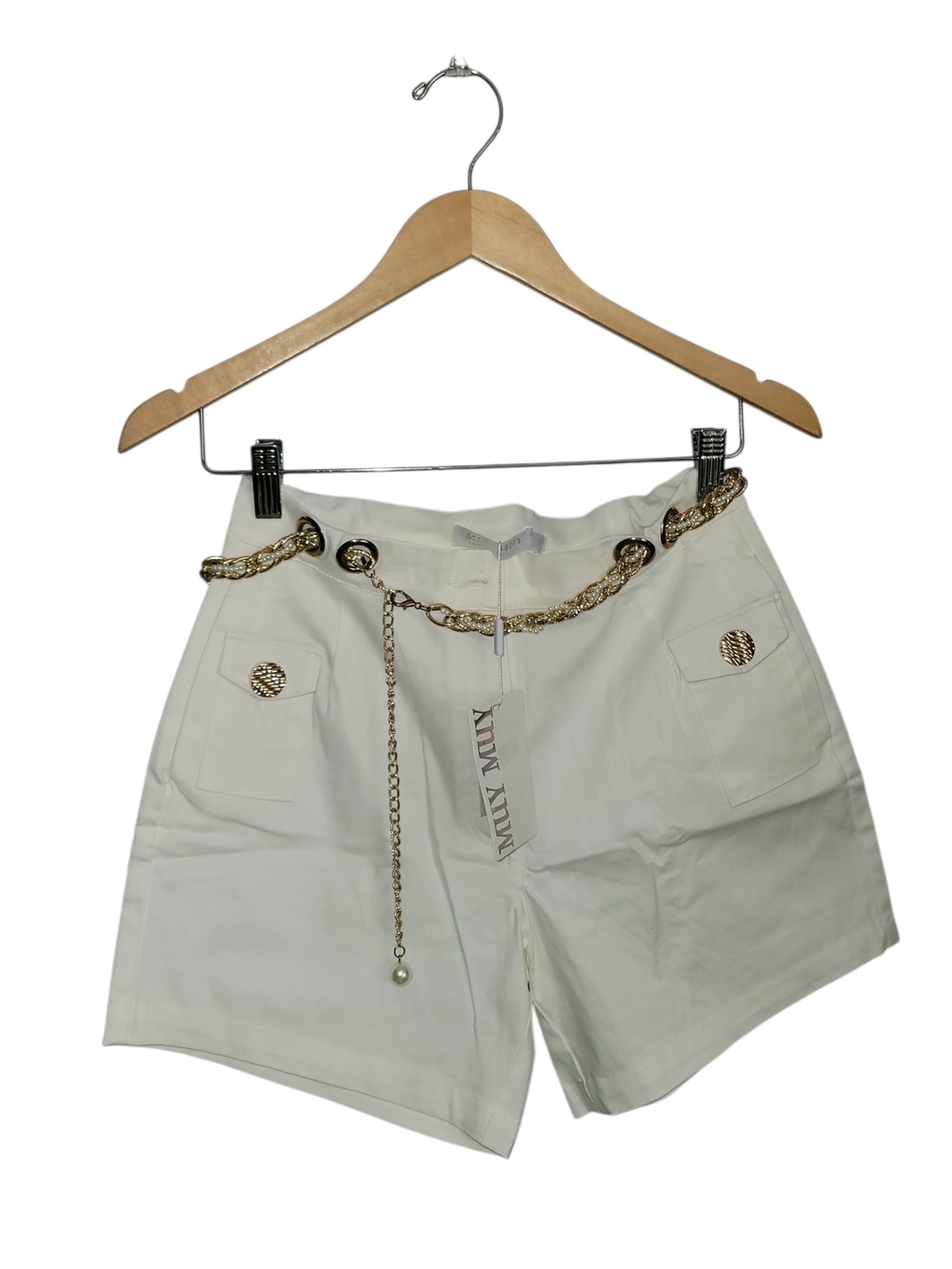 Muy Muy Ivory High-Rise Shorts with Decorative Gold Chain
